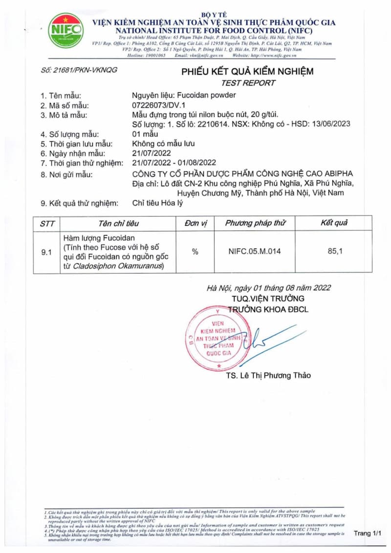 Fucoidan trong K1 Fucoidan: Nguồn gốc, hàm lượng và vai trò hỗ trợ sức khỏe Fucoidan trong K1 Fucoidan đã được kiểm nghiệm và xác nhận với hàm lượng fucoidan tinh khiết đạt 85,1%